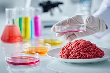 Scientist examining ground meat sample in a laboratory setting