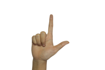 Hand gesture forming an 'L' on transparent png for versatile design applications