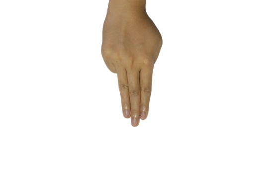 Isolated PNG image of a human hand with three extended fingers gesturing down with transparent