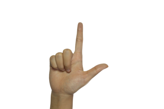 Hand gesture forming an 'L' on transparent png for versatile design applications