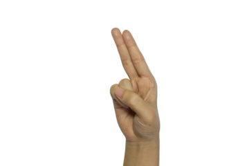 Hand gesture symbolizing the number two in front of transparent background, for various use