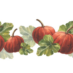 Obraz premium Pumpkins with green leaves, horizontal seamless pattern watercolor illustration. Border of orange vegetables with greenery. Ornament for weekend autumn fair, market vegetable stalls. Agriculture