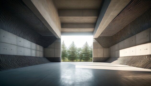 brutalistischer innenraum durchflutet von naturlichem licht raue betonflachen klare linien offene struktur licht und material erzeugen eine stille kraftvolle atmosphare