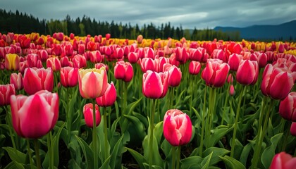 Vibrant Tulip Fields In British Columbia, Canada: A Beautiful Natural Landscape Bursting With Color And Life In Canada'S Southern Province.