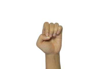Isolated hand gesturing compressed fingers symbol, human fist against black background, png file