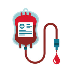 Blood donation bag with tube and red drop medical icon  
