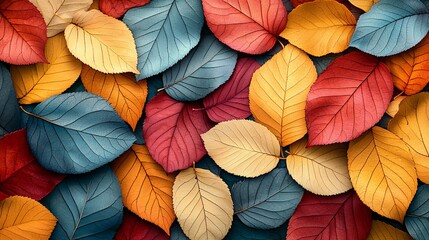 Vibrant autumn leaves in red, orange, yellow, and teal hues, creating a textured, natural background