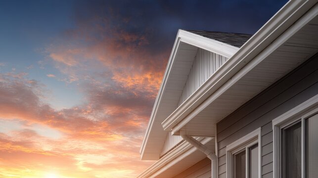 Ultra quality image of white frame gutter guard system, featuring gray horizontal and vertical vinyl siding fascia, drip edge, and soffit on a sloped roof attic in a luxury home.
