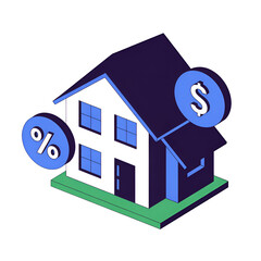 Isometric house icon with dollar and percentage symbols  

