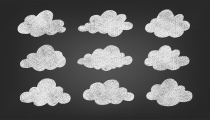 Chalk cloud set. Hand drawn vector doodle clouds in crayon style on blackboard texture. Cute cartoon elements for school, kids, education, weather, and design.
