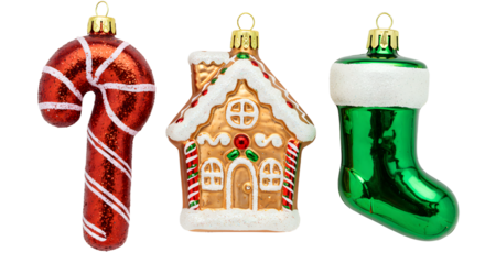 Set of three Christmas holiday ornaments including candy cane, gingerbread house, and green stocking decorations, perfect for festive holiday decorating