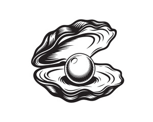 Engraved style vector graphic of an open oyster showcasing a valuable round pearl, isolated on a white background