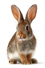 Obraz premium A charming brown rabbit with long ears sits against a stark white backdrop, its soft fur and inquisitive eyes are captivating