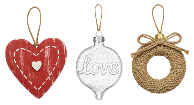 Three rustic Christmas ornaments including a red heart, silver love teardrop, and burlap wreath with bow, perfect for holiday decoration