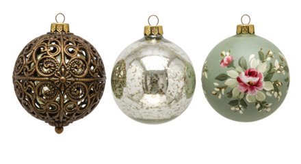Vintage Christmas ornaments set with filigree, mercury glass, and floral painted baubles, perfect for elegant holiday decorations