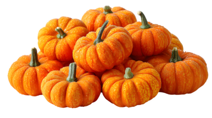 Large set of fresh orange pumpkins for autumn harvest, isolated on white background