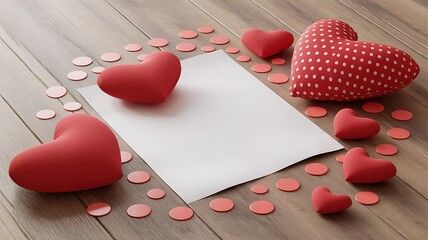 Romantic Valentine's Day Mockup with Red Hearts and Blank Paper