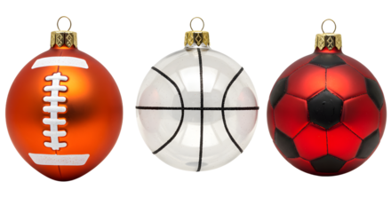 Sports-themed Christmas ornaments shaped like football, basketball, and soccer balls, perfect for holiday decorations and sports fans