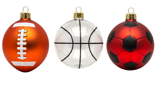 Sports-themed Christmas ornaments shaped like football, basketball, and soccer balls, perfect for holiday decorations and sports fans