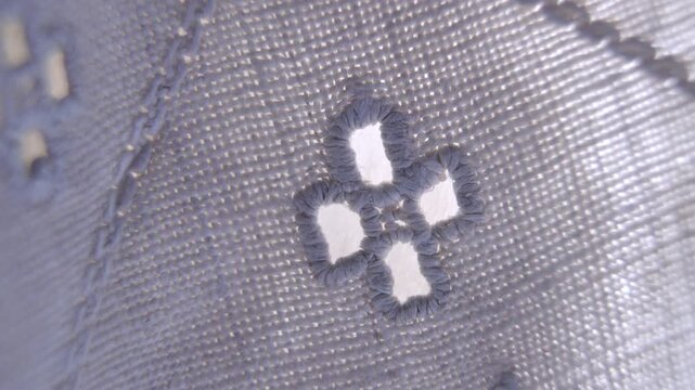 Extreme macro of Ukrainian "white-on-white" embroidery, combining "lyshtva" (satin stitch) and "vyrizuvannya" (cutwork) techniques
