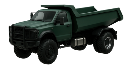 Dark green forestry dump truck with protective grilles and reinforced undercarriage