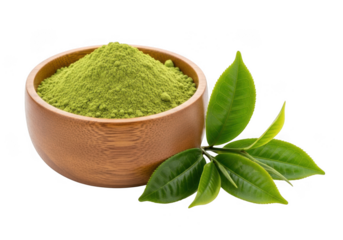 Green tea powder in a bowl with fresh leaves isolated on transparent background