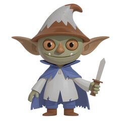 Transparent background fantasy goblin wizard with big ears blue cape brown hat holding sword cartoon style character illustration