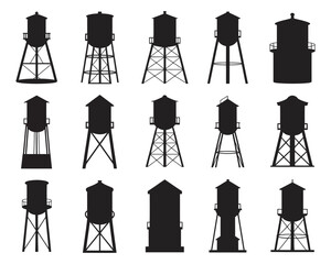 A diverse collection of industrial water tower silhouettes isolated on a white background. Vector set of different water tank structures and designs for graphic use