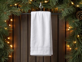 White towel mockup for Christmas. White towel hanging on a hook against wooden paneling, framed by pine branches, pinecones and warm string lights for a cozy holiday bathroom decor.