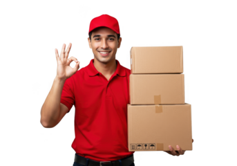 Smiling delivery man wearing red cap and polo shirt holding stack of boxes showing ok sign transparent background