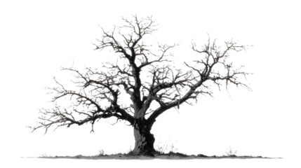 Old dead spooky tree silhouette with rough bark texture, isolated on white background