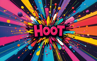 80sinspired abstract art with a playful explosion of shapes and colors Hoot text in the center
