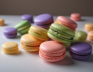 Obraz premium Colorful macarons artfully arranged on a white surface, dessert