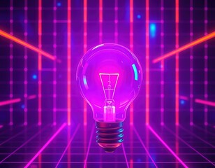 Glowing lightbulb in vibrant neon space inspires innovation and ideas