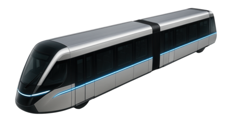 Two-segment tram with aerodynamic front panel and reflective striping