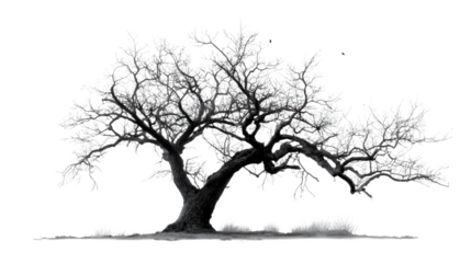 Old dead spooky tree with twisted branches, silhouette style, isolated on white background