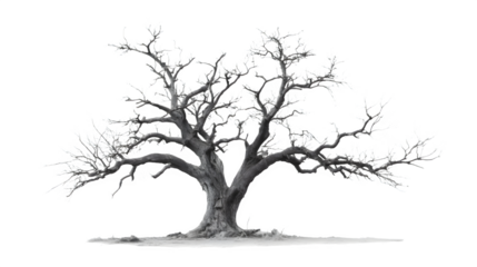 Old dead spooky tree with twisted silhouette and eerie feel, isolated on white background