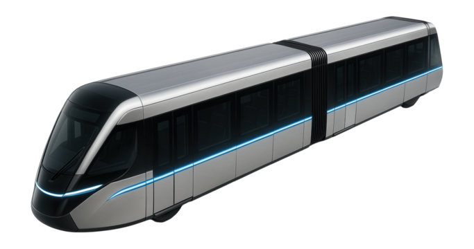 Two-segment tram with aerodynamic front panel and reflective striping