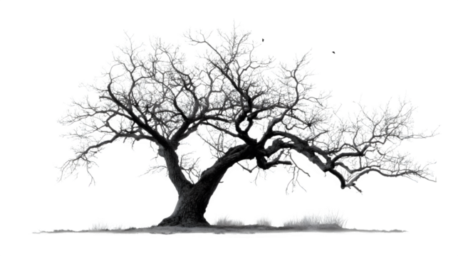 Old dead spooky tree with twisted branches, silhouette style, isolated on white background