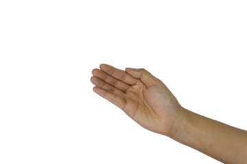 Isolated hand gesture inviting openness and receiving, presented on a transparent canvas