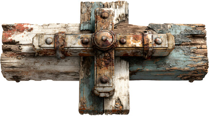 Old wooden cross with weathered texture, AI generated, isolated on white background