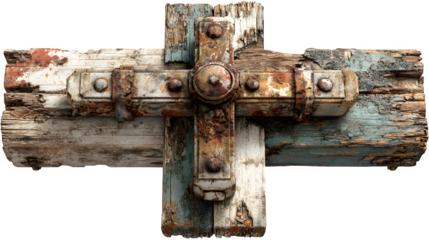 Old wooden cross with weathered texture, AI generated, isolated on white background