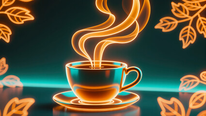 Neon cup with saucer glowing in orange and yellow, hot steam rising on dark. Autumn illustration for coffee shop, cafe menu and seasonal design.