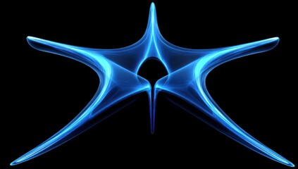 A striking, vibrant blue abstract design featuring flowing, elegant lines radiating from a central point against a black background.