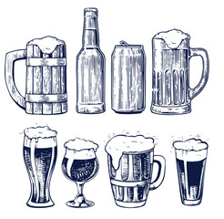 Beer brewery icons collection. Glasses, bottle, barrel hand drawn elements for pub, bar menu. Vector sketch illustration