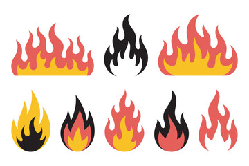 Set of stylized fire and flame icons in various shapes and colors. Collection of flat design bonfire and campfire symbols for web and graphic elements. 