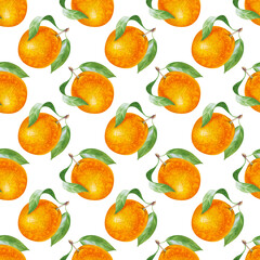 Seamless botanical pattern with hand-painted oranges. Watercolor seamless background with bright fruits and green leaves on a white background. For tableware, textiles, packaging, wallpaper