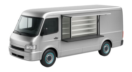 Mobile pharmacy bus equipped with storage shelves and a service counter at the entrance