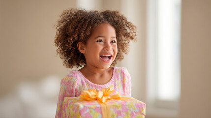 joyful child holding beautifully wrapped gift bursting with excitement as they giggle