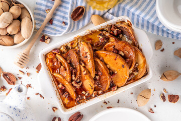 Tasty autumn Cinnamon Pecan Pancake Breakfast Casserole with honey